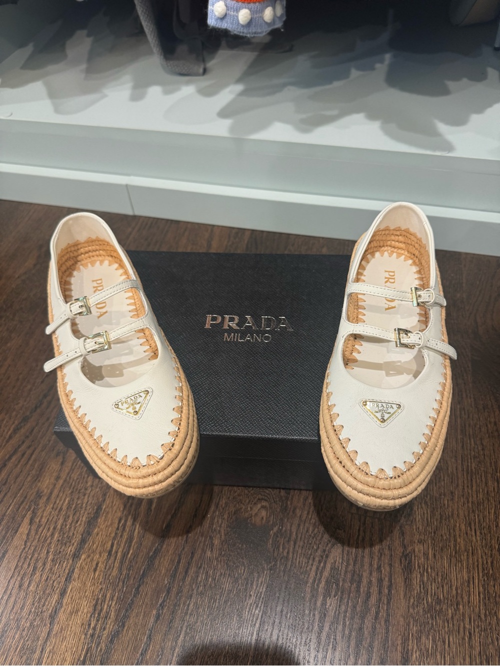 Prada Nappa leather and raffia ballerinas